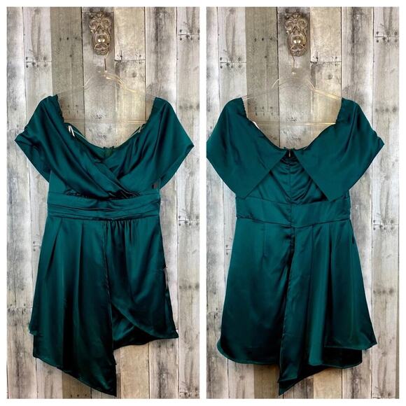 NWT Lulus Always Celebrating Dark Green Satin Off-the-Shoulder Mini Dress Large - Picture 11 of 15